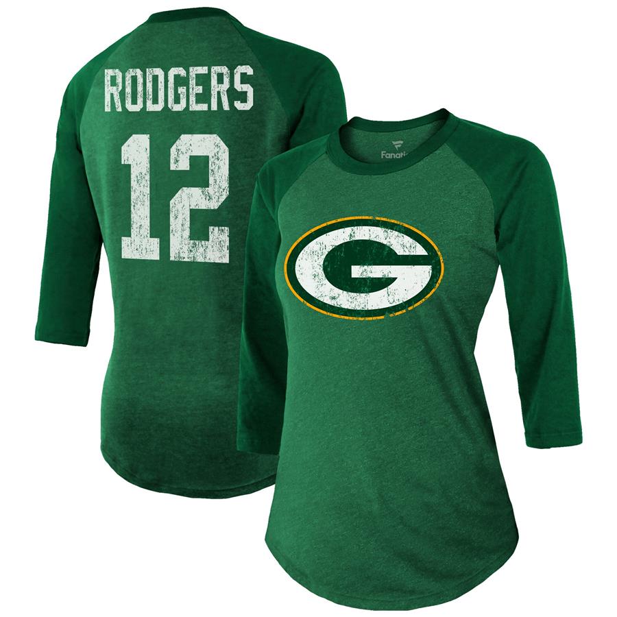 Aaron Rodgers Green Bay Packers Majestic Women's Player Name & Number Tri-Blend Three-Quarter Sleeve T-Shirt - Green