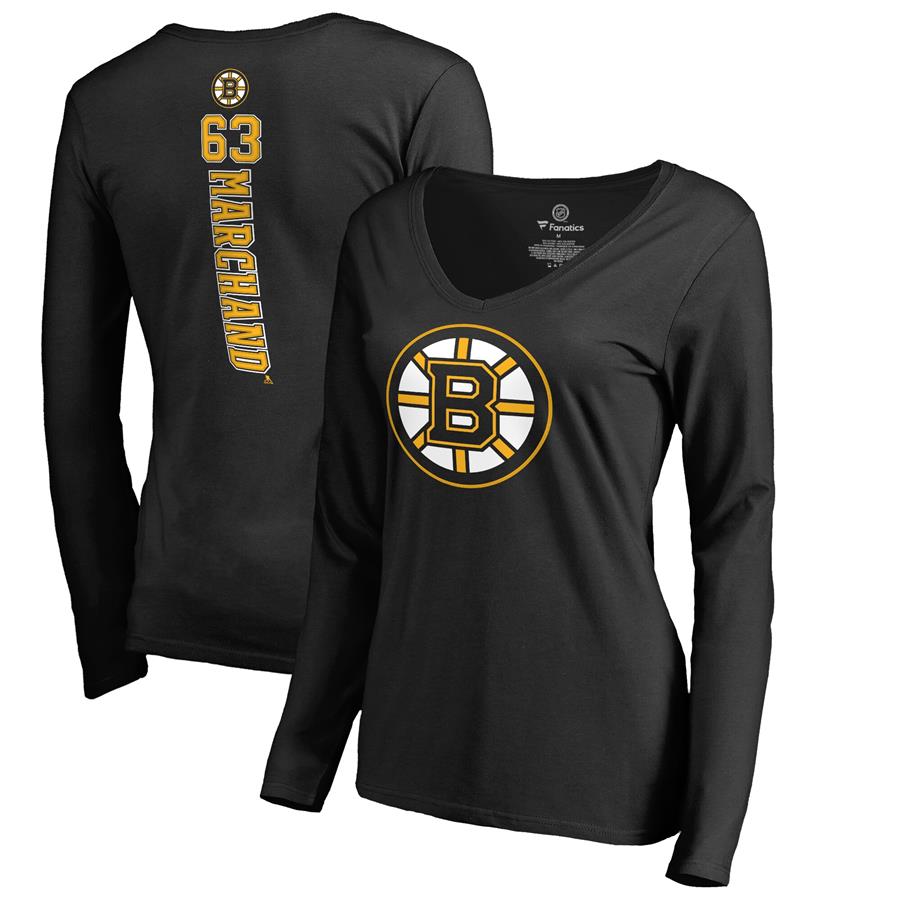 Brad Marchand Boston Bruins Fanatics Branded Women's Backer V-Neck Long Sleeve T-Shirt - Black