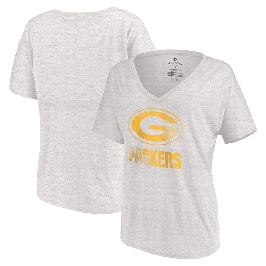 Green Bay Packers Let Loose by RNL Women's Distressed Primary V-Neck T-Shirt - White