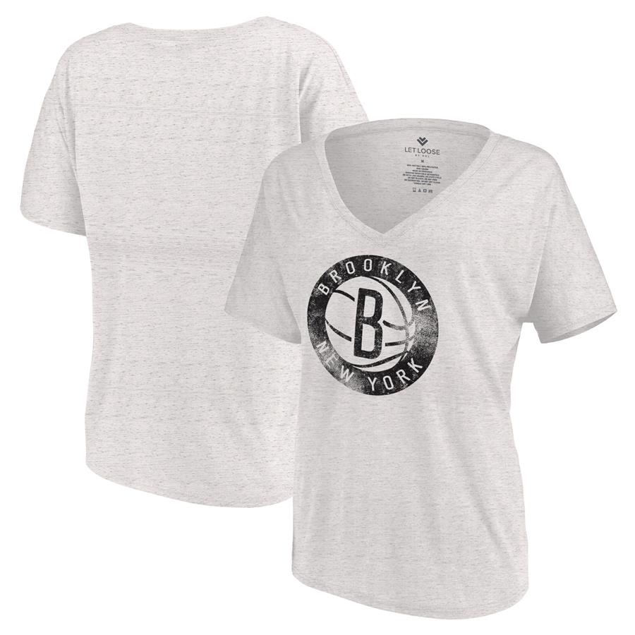 Brooklyn Nets Let Loose by RNL Women's Distressed Primary Logo V-Neck T-Shirt - White Marble