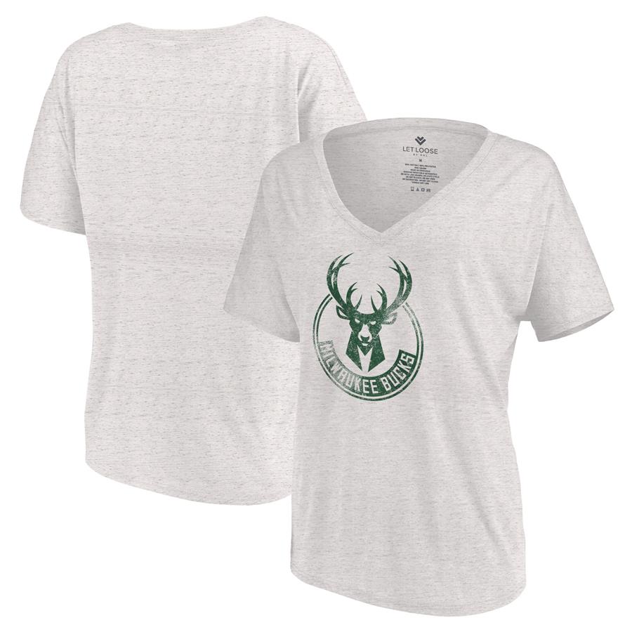 Milwaukee Bucks Let Loose by RNL Women's Distressed Primary Logo V-Neck T-Shirt - White Marble