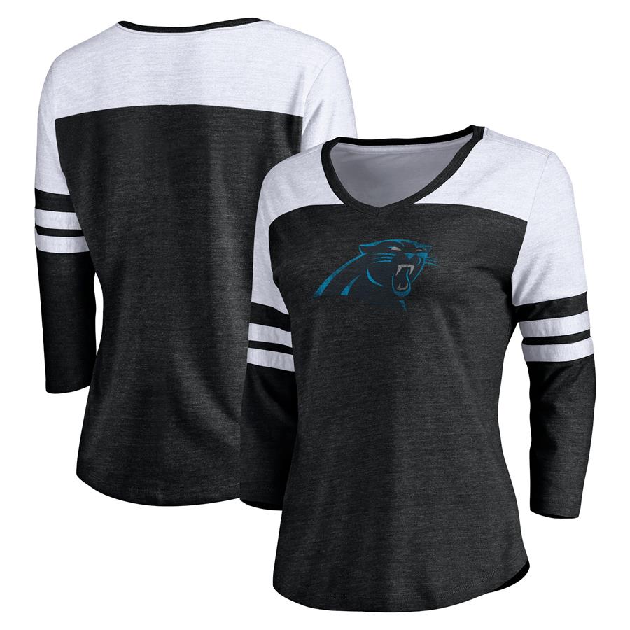 Carolina Panthers NFL Pro Line by Fanatics Branded Women's Distressed Primary Logo Three-Quarter Sleeve Raglan Tri-Blend T-Shirt - Black