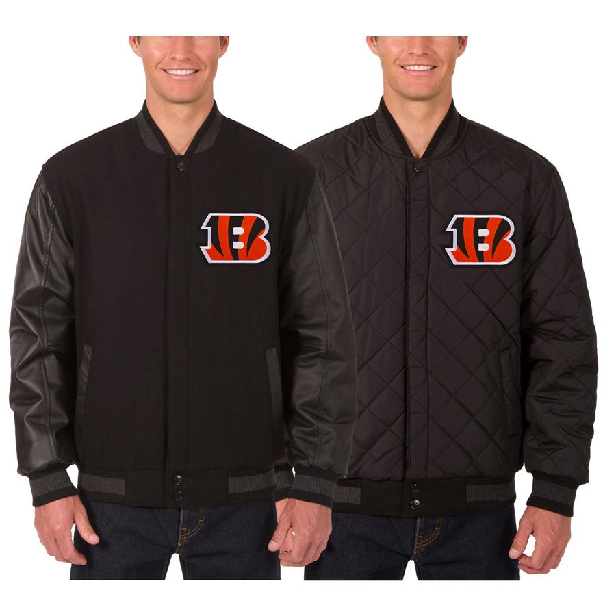 Cincinnati Bengals JH Design Wool & Leather Reversible Jacket with Embroidered Logos - Black