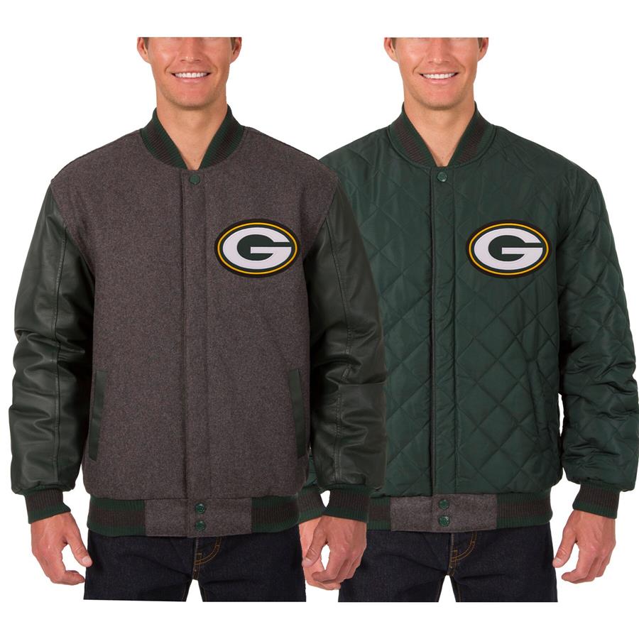 Green Bay Packers JH Design Wool & Leather Reversible Jacket with Embroidered Logos - Black