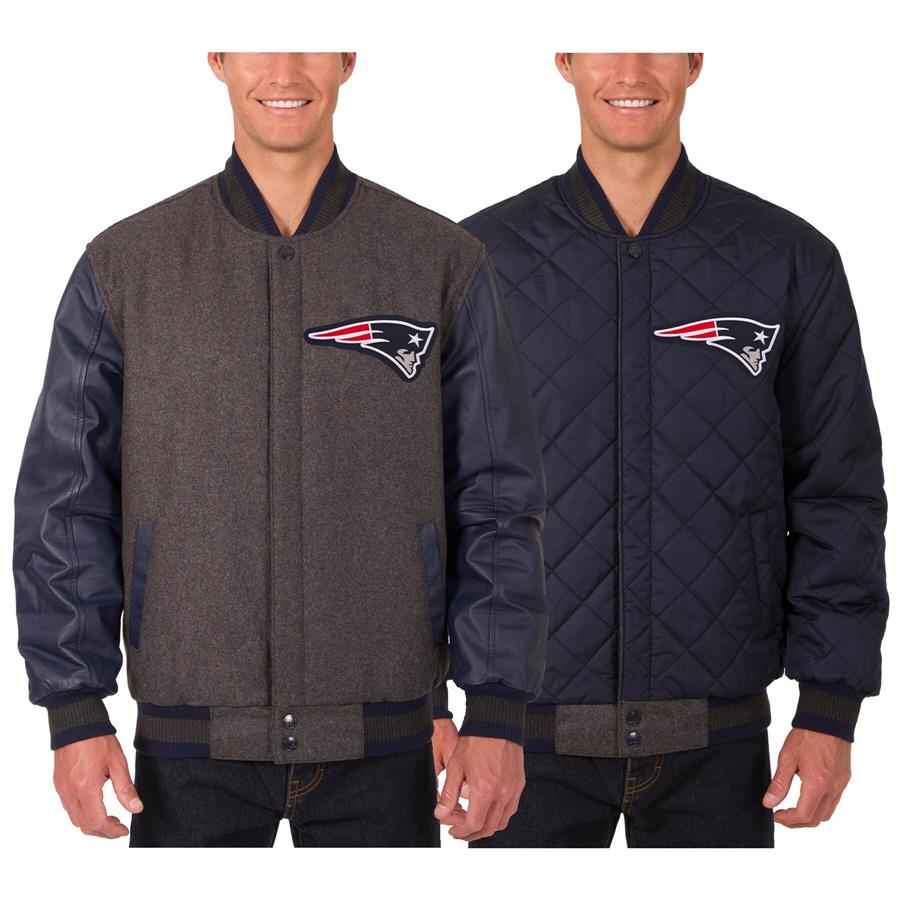 New England Patriots JH Design Wool & Leather Reversible Jacket with Embroidered Logos - Charcoal