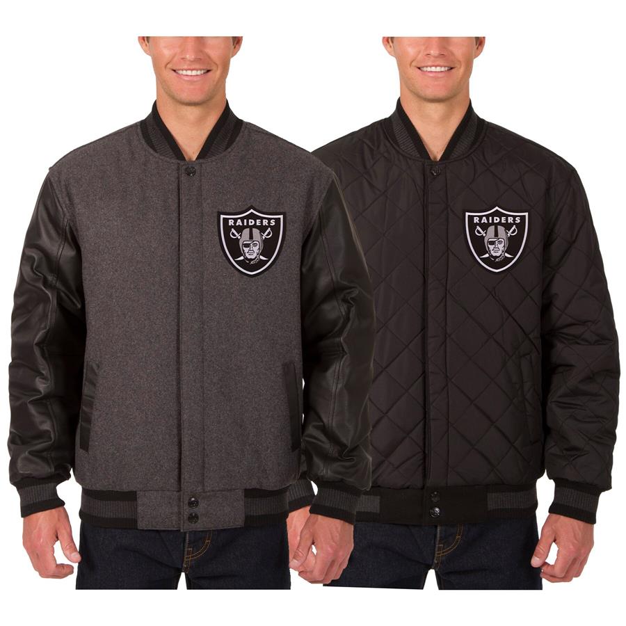 Las Vegas Raiders JH Design Wool & Leather Reversible Jacket with Embroidered Logos - Charcoal