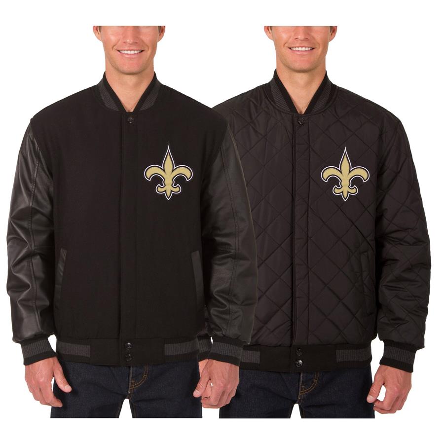New Orleans Saints JH Design Wool & Leather Reversible Jacket with Embroidered Logos - Black
