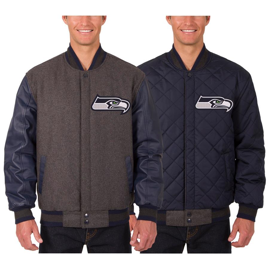 Seattle Seahawks JH Design Wool & Leather Reversible Jacket with Embroidered Logos - Charcoal