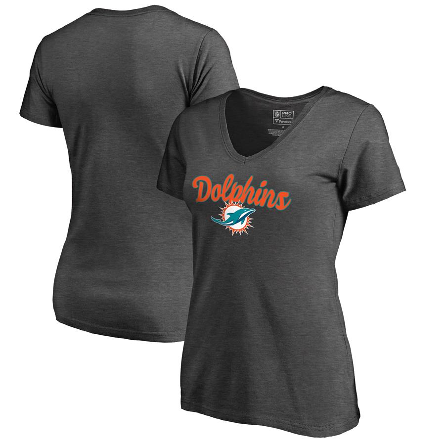 Miami Dolphins NFL Pro Line by Fanatics Branded Women's Freehand V-Neck T-Shirt - Dark Heathered Gray