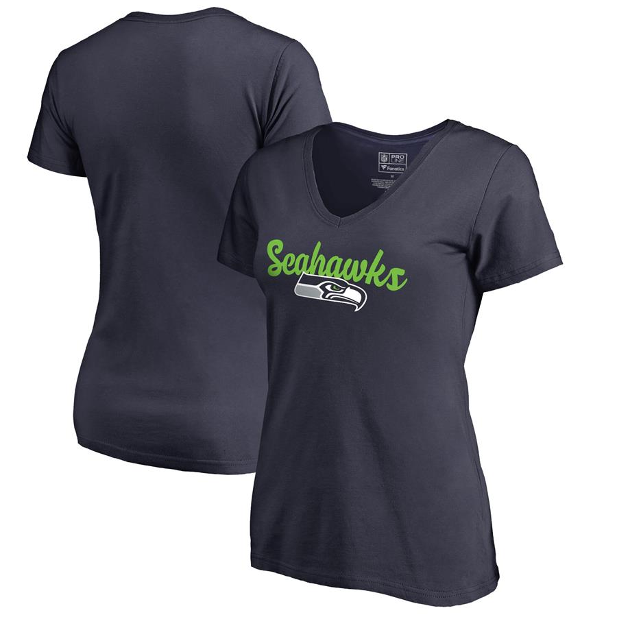 Seattle Seahawks NFL Pro Line by Fanatics Branded Women's Freehand V-Neck T-Shirt - College Navy