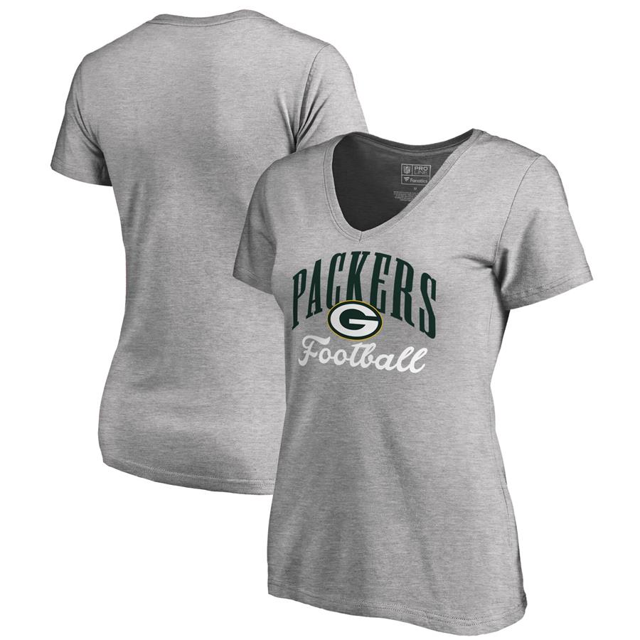 Green Bay Packers NFL Pro Line by Fanatics Branded Women's Victory Script V-Neck T-Shirt - Heathered Gray