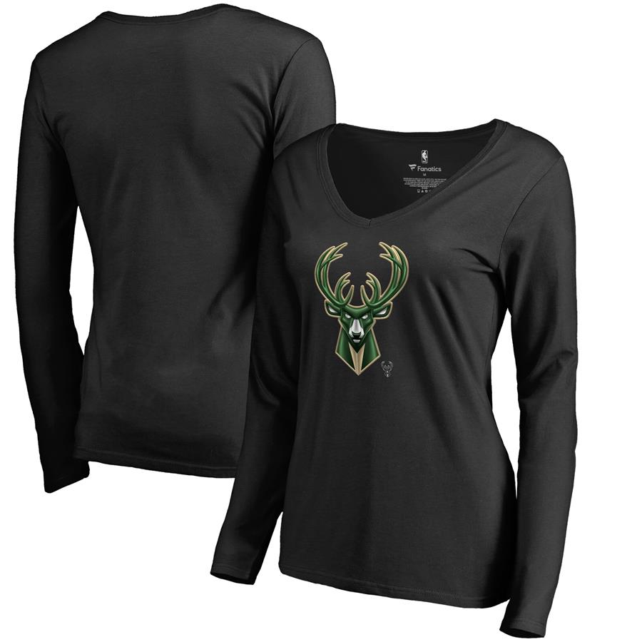 Milwaukee Bucks Fanatics Branded Women's Midnight Mascot Long Sleeve V-Neck T-Shirt - Black