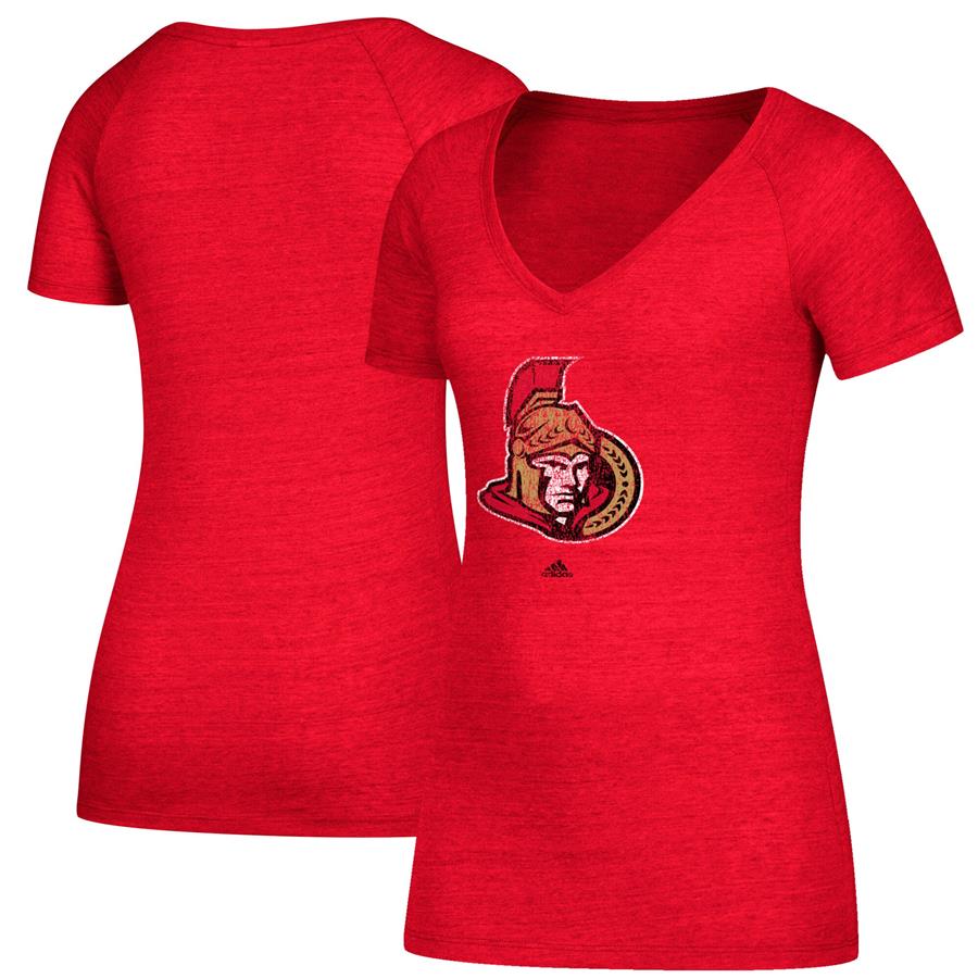 Ottawa Senators adidas Women's Distressed Logo V-Neck T-Shirt - Red