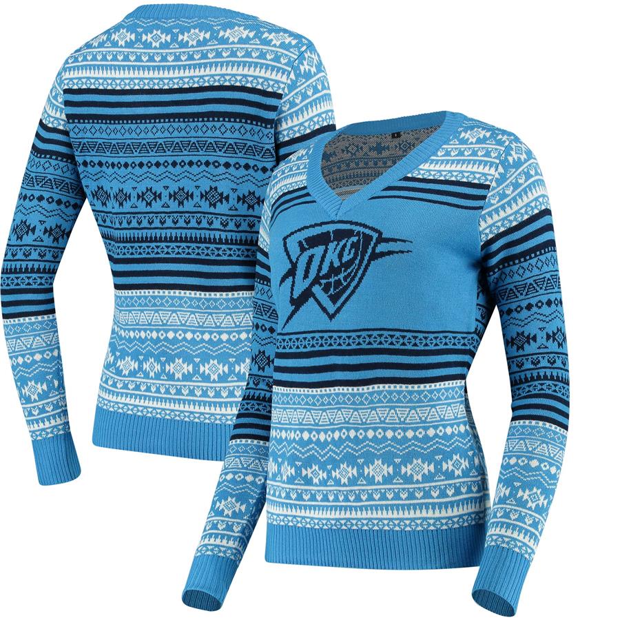 Oklahoma City Thunder Women's Big Logo Aztec V-Neck Sweater - Blue