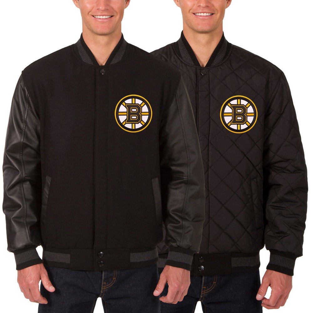 Boston Bruins JH Design Two Hit Wool & Leather Reversible Jacket - Black