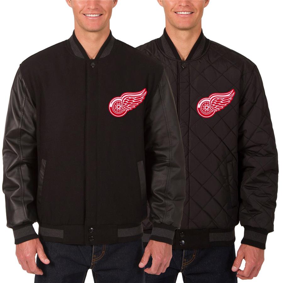 Detroit Red Wings JH Design Two Hit Wool & Leather Reversible Jacket - Black