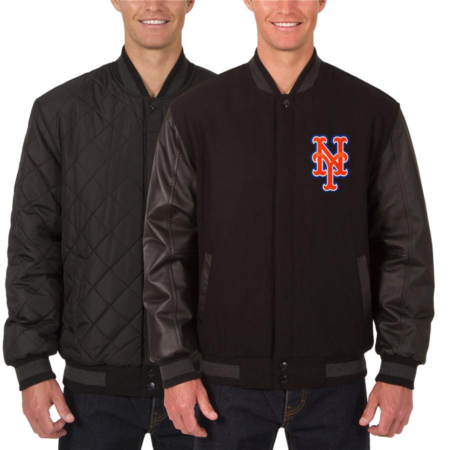 New York Mets JH Design Wool Leather Reversible Full-Snap Jacket - Black