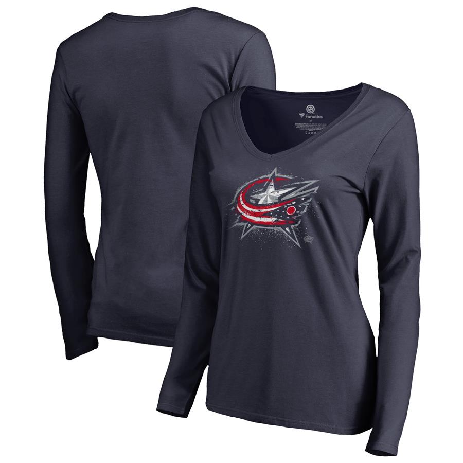 Columbus Blue Jackets Fanatics Branded Women's Splatter Logo V-Neck Long Sleeve T-Shirt - Navy