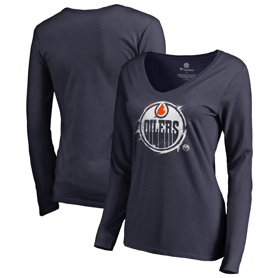 Edmonton Oilers Fanatics Branded Women's Splatter Logo V-Neck Long Sleeve T-Shirt - Navy
