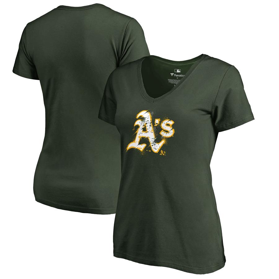 Женская футболка с V-вырезом Oakland Athletics Fanatics Branded Splatter Logo (зелёный)