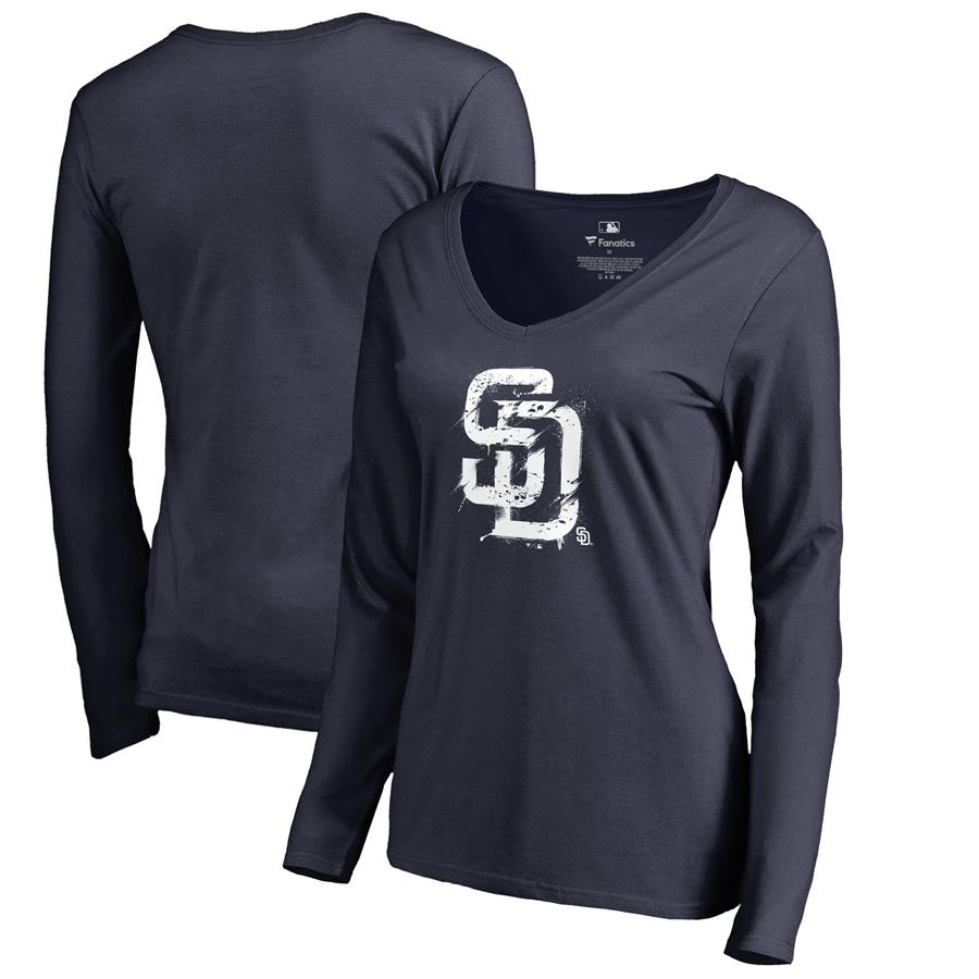 San Diego Padres Fanatics Branded Women's Splatter Logo Long Sleeve V-Neck T-Shirt - Navy