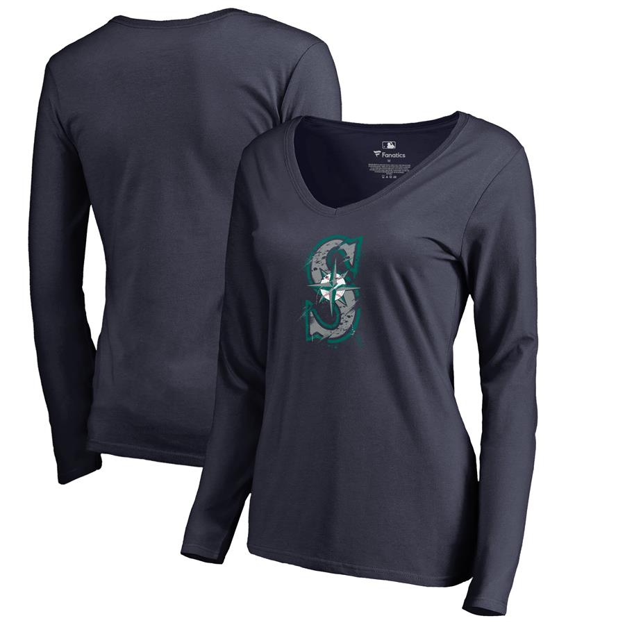 Seattle Mariners Fanatics Branded Women's Splatter Logo Long Sleeve V-Neck T-Shirt - Navy