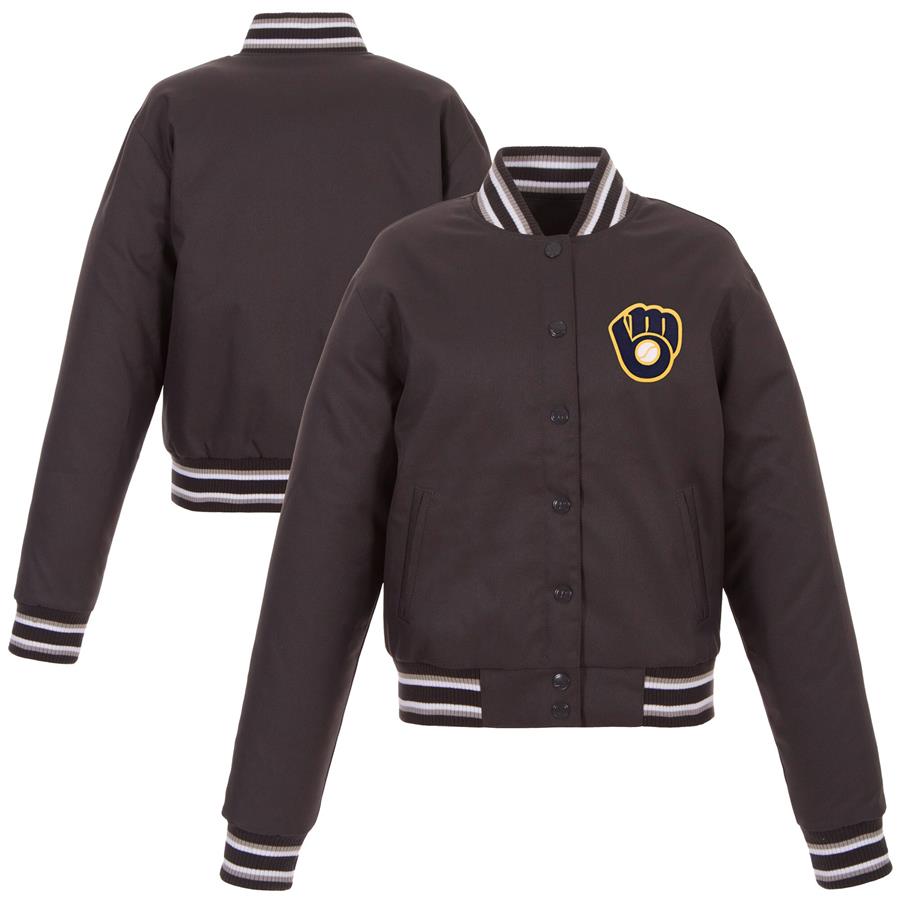 Milwaukee Brewers JH Design Women's Embroidered Logo Poly-Twill Full Snap Jacket - Charcoal