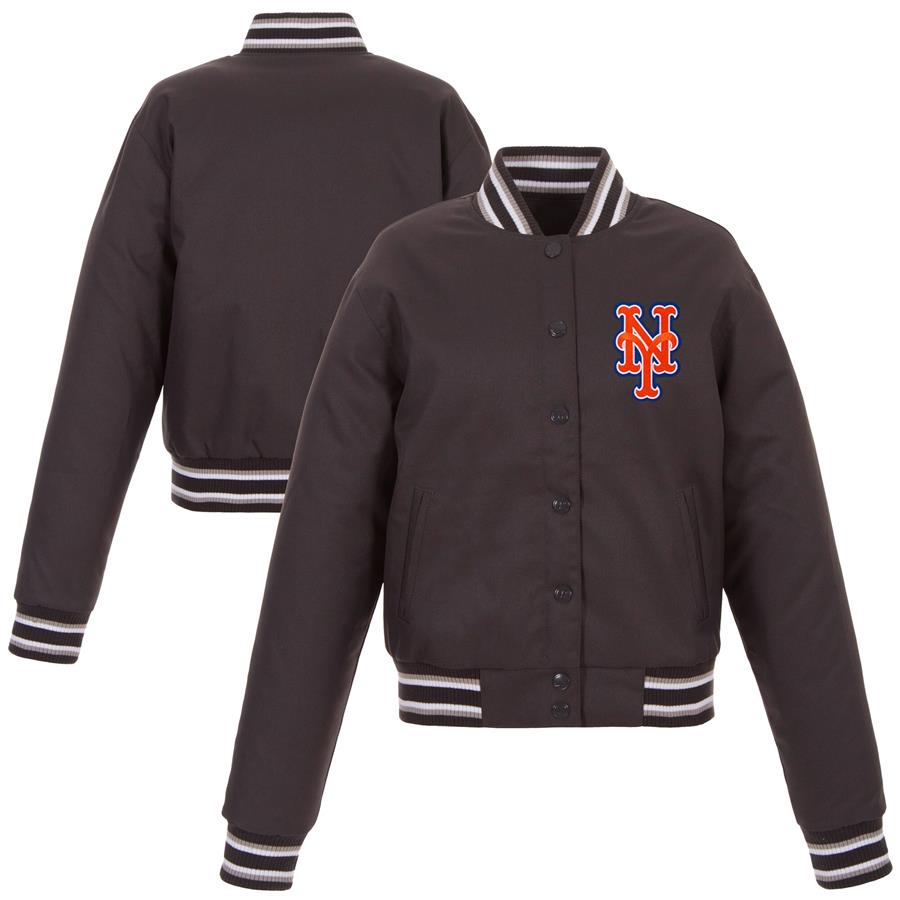 New York Mets JH Design Women's Embroidered Logo Poly-Twill Full Snap Jacket - Charcoal
