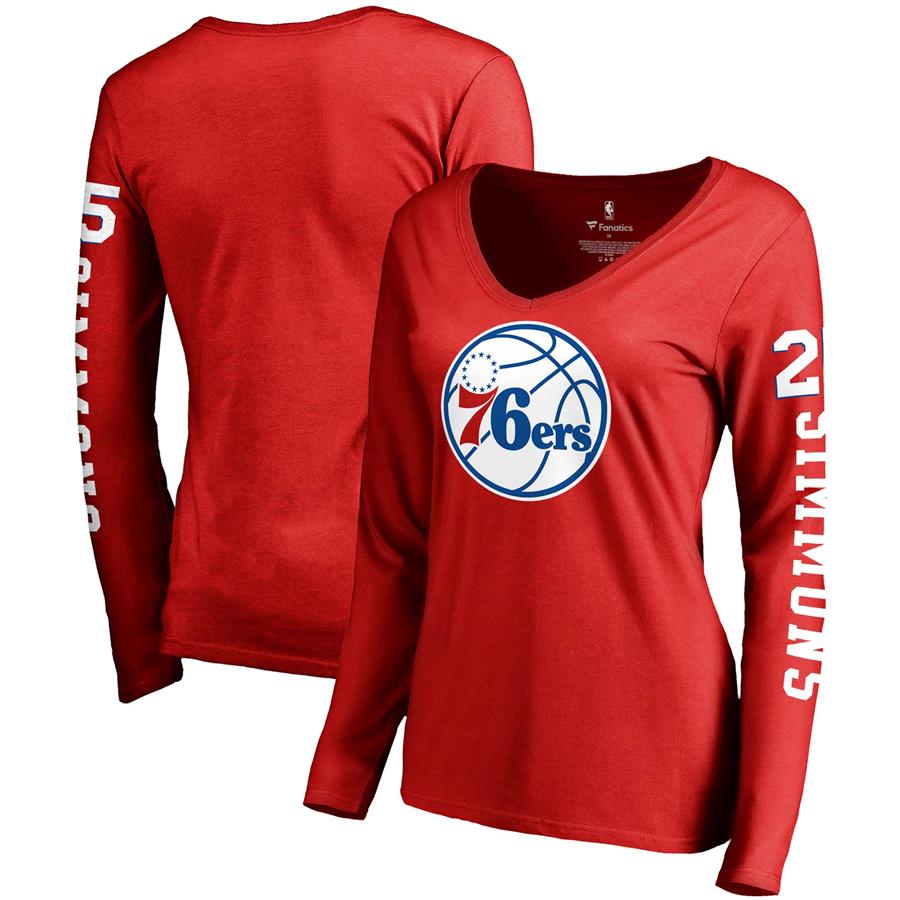 Ben Simmons Philadelphia 76ers Fanatics Branded Women's Team Idol Name & Number Long Sleeve V-Neck T-Shirt - Red