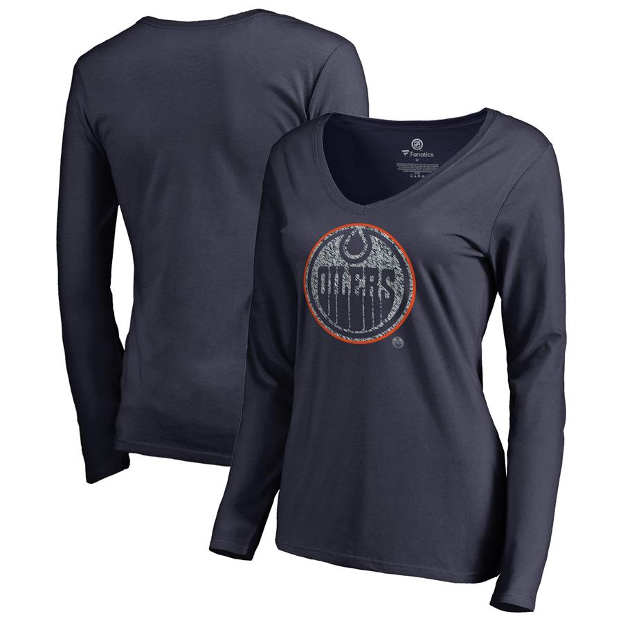 Edmonton Oilers Fanatics Branded Women's Static Logo Long Sleeve V-Neck T-Shirt - Navy