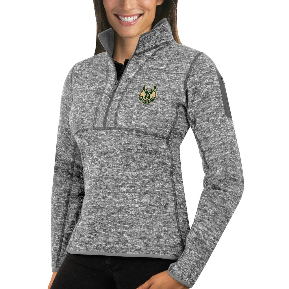 Milwaukee Bucks Antigua Women's Fortune Half-Zip Pullover Jacket - Heather Gray