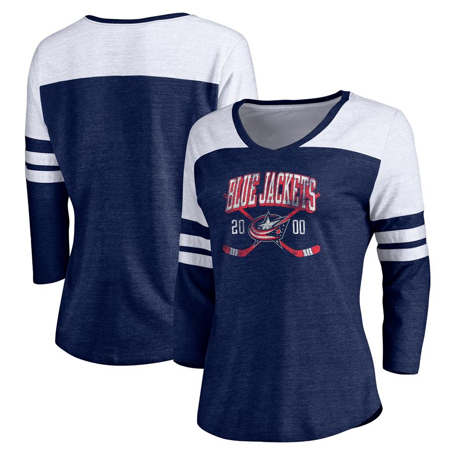 Columbus Blue Jackets Fanatics Branded Women's Vintage Collection Line Shift Color Block Three-Quarter Sleeve Tri-Blend T-Shirt - Navy