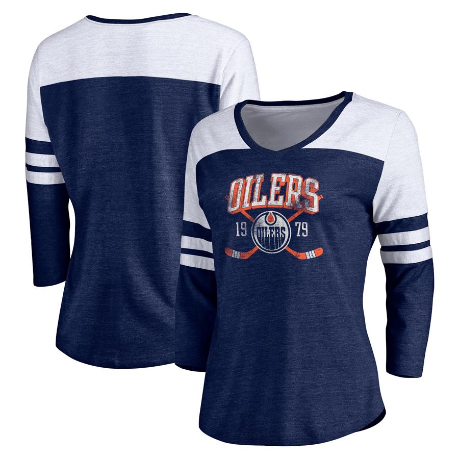 Edmonton Oilers Fanatics Branded Women's Vintage Collection Line Shift Color Block Three-Quarter Sleeve Tri-Blend T-Shirt - Navy