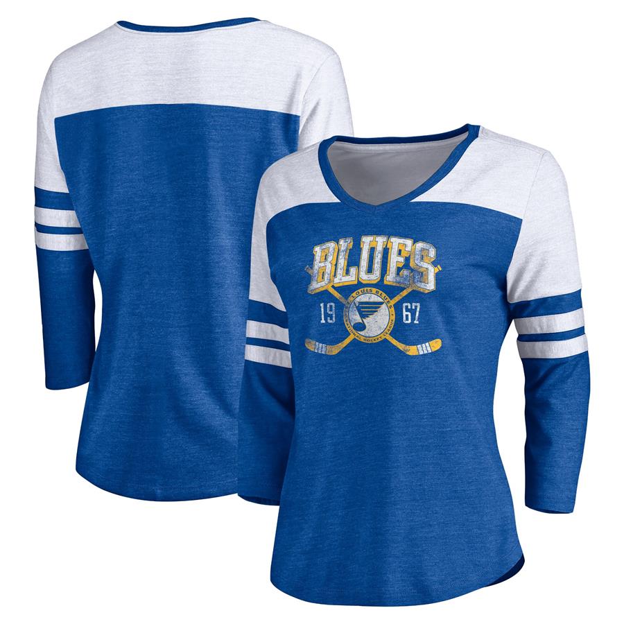 St. Louis Blues Fanatics Branded Women's Vintage Collection Line Shift Color Block Three-Quarter Sleeve Tri-Blend T-Shirt - Royal