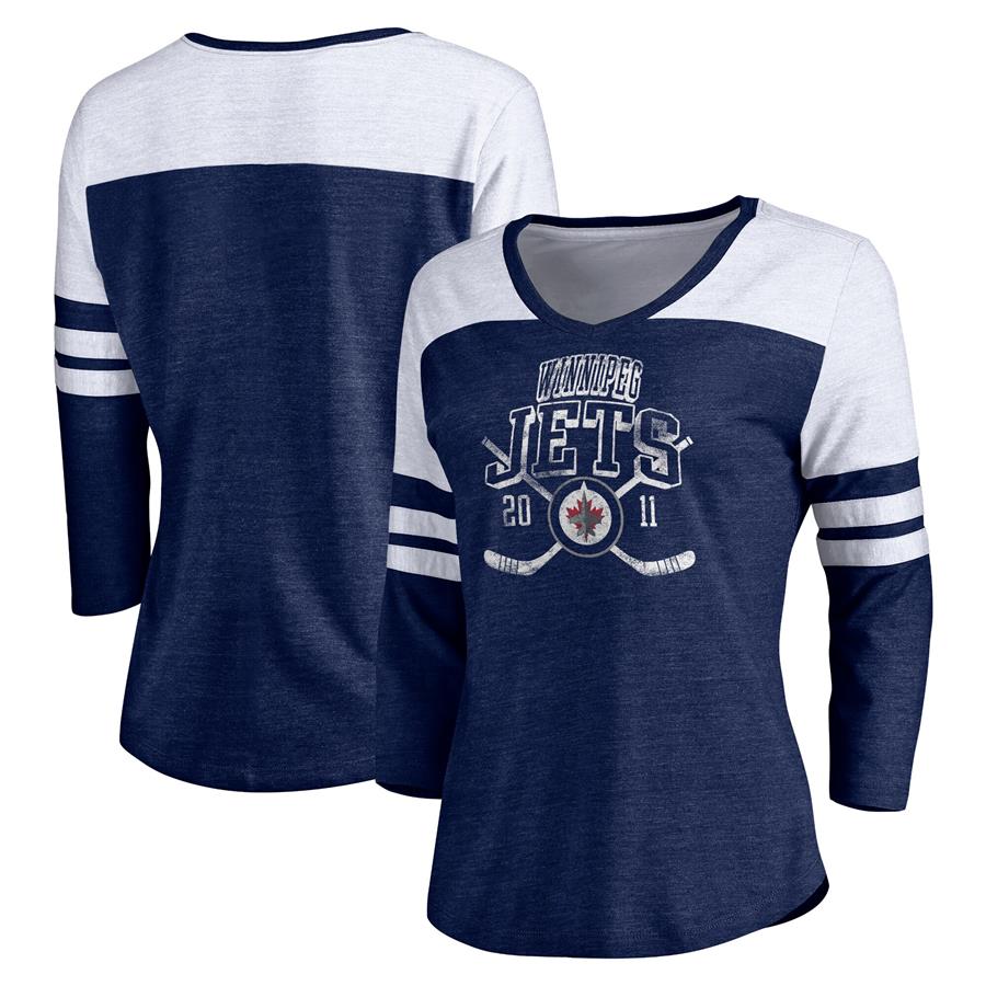 Winnipeg Jets Fanatics Branded Women's Vintage Collection Line Shift Color Block Three-Quarter Sleeve Tri-Blend T-Shirt - Navy
