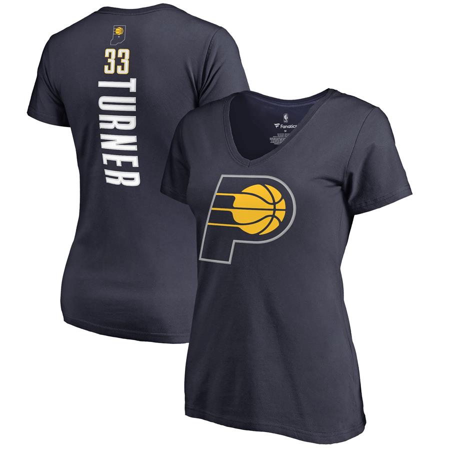 Женская футболка с V-вырезом Myles Turner Indiana Pacers Fanatics Branded Backer Name and Number (тёмно-синий)