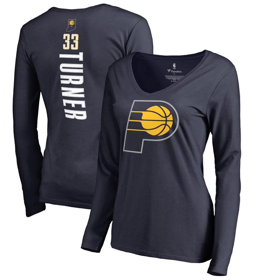 Женский лонгслив с V-вырезом Myles Turner Indiana Pacers Fanatics Branded Backer Name and Number (тёмно-синий)