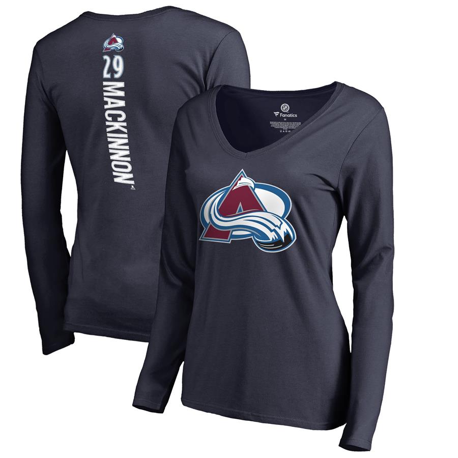 Nathan MacKinnon Colorado Avalanche Fanatics Branded Women's Backer Name & Number Slim Fit Long Sleeve V-Neck T-Shirt - Navy