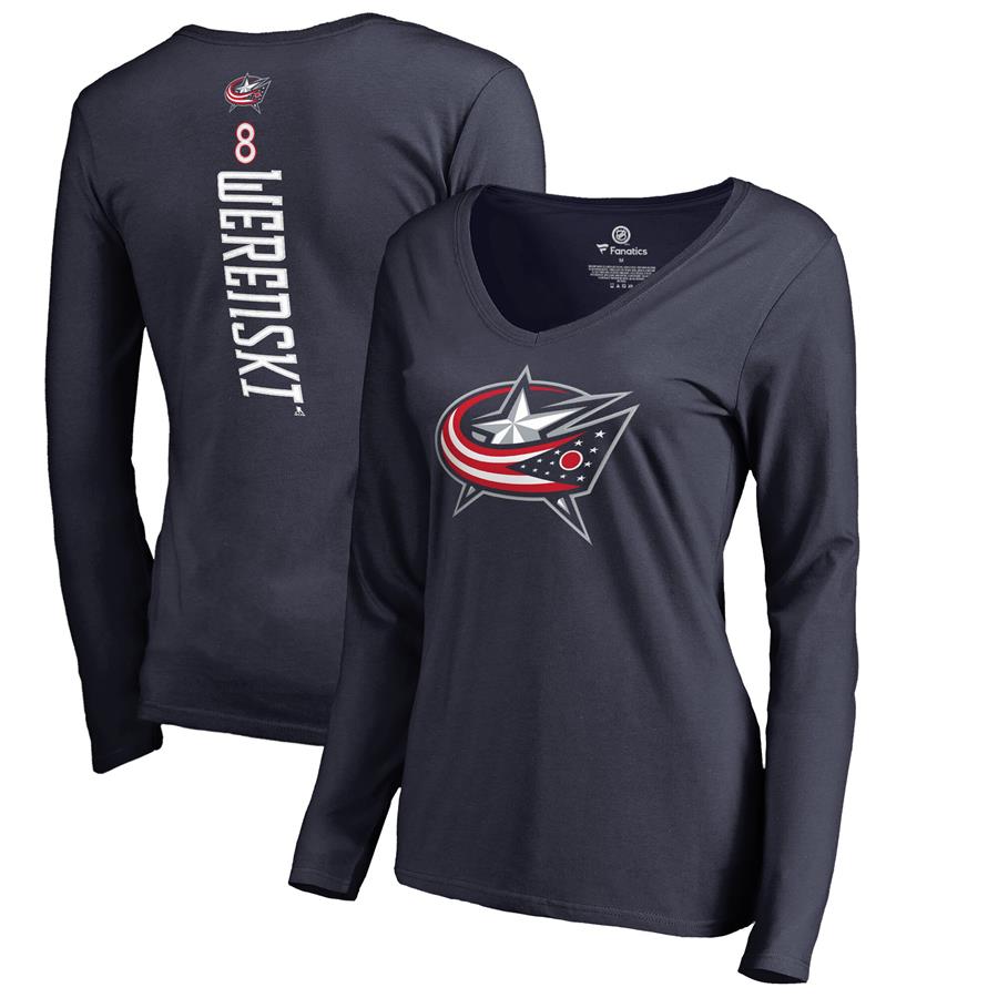 Zach Werenski Columbus Blue Jackets Fanatics Branded Women's Backer Name & Number Slim Fit Long Sleeve V-Neck T-Shirt - Navy