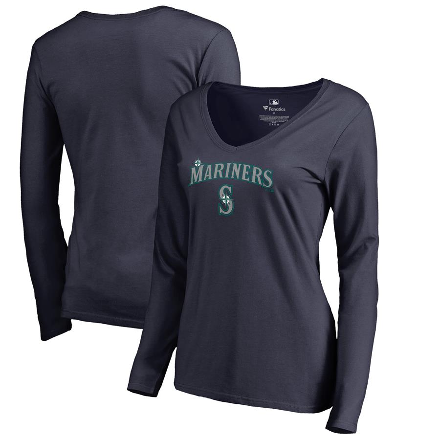 Seattle Mariners Fanatics Branded Women's Team Lockup Slim Fit Long Sleeve V-Neck T-Shirt - Navy
