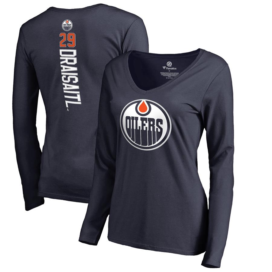 Leon Draisaitl Edmonton Oilers Fanatics Branded Women's Backer Name & Number Slim Fit Long Sleeve V-Neck T-Shirt - Navy
