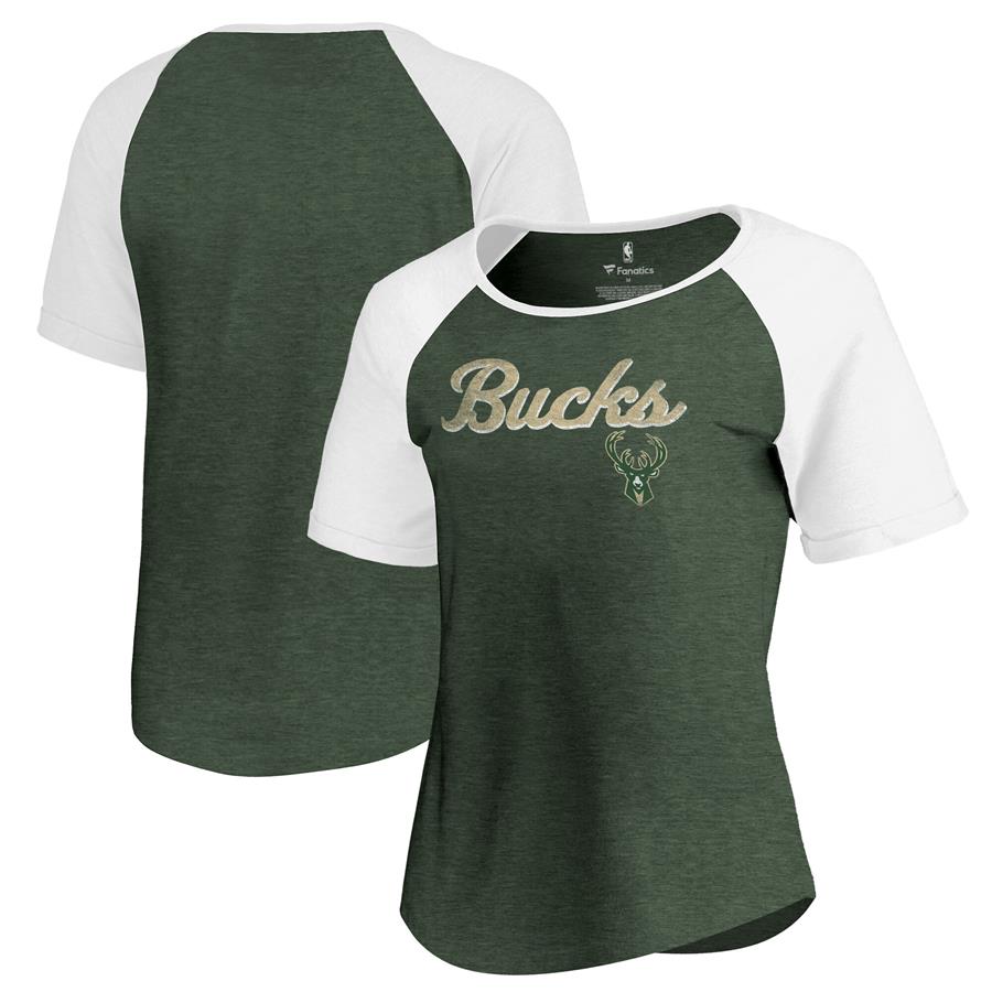 Milwaukee Bucks Fanatics Branded Women's Rising Script Color Block Raglan Tri-Blend T-Shirt - Green