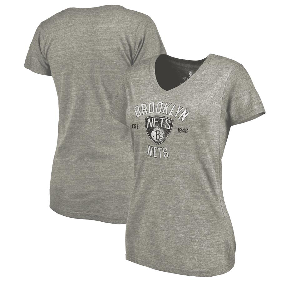Brooklyn Nets Fanatics Branded Women's Heritage Tri-Blend V-Neck T-Shirt - Heathered Gray