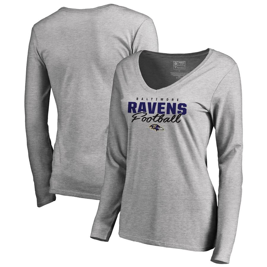 Baltimore Ravens NFL Pro Line by Fanatics Branded Women's Iconic Collection Script Assist Long Sleeve V-Neck T-Shirt - Ash