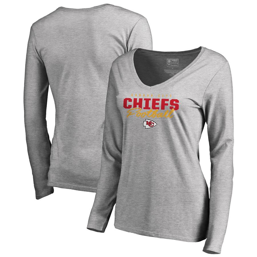 Kansas City Chiefs NFL Pro Line by Fanatics Branded Women's Iconic Collection Script Assist Long Sleeve V-Neck T-Shirt - Ash