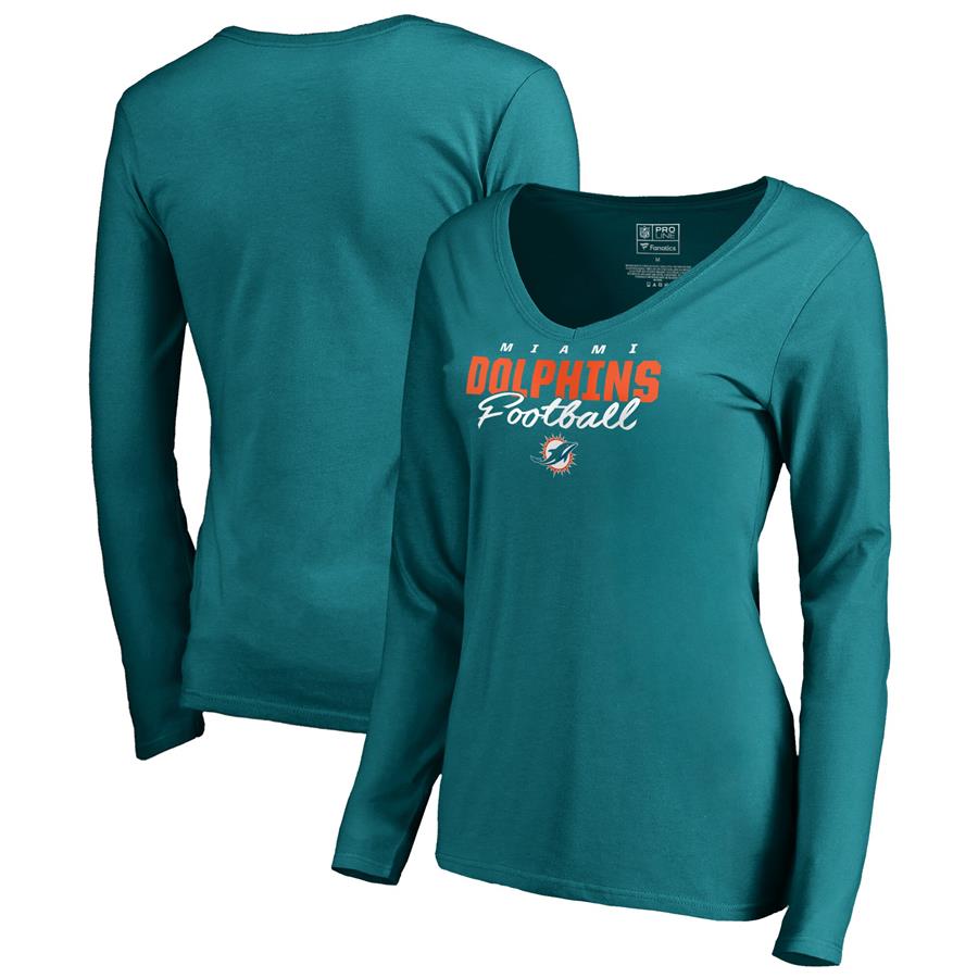 Miami Dolphins NFL Pro Line by Fanatics Branded Women's Iconic Collection Script Assist Long Sleeve V-Neck T-Shirt - Aqua