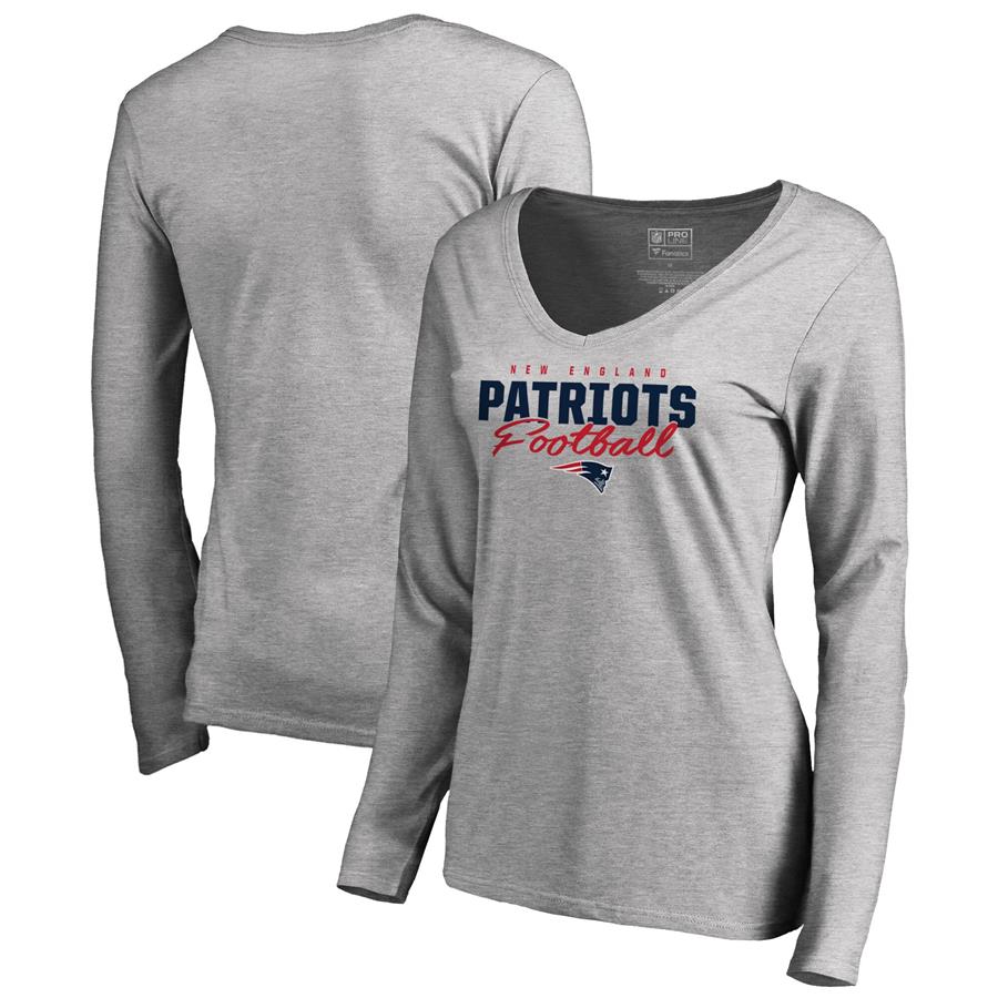 New England Patriots NFL Pro Line by Fanatics Branded Women's Iconic Collection Script Assist Long Sleeve V-Neck T-Shirt - Ash