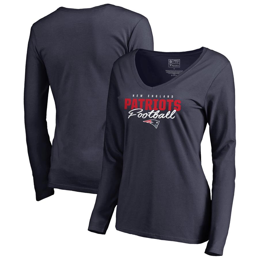 New England Patriots NFL Pro Line by Fanatics Branded Women's Iconic Collection Script Assist Long Sleeve V-Neck T-Shirt - Navy