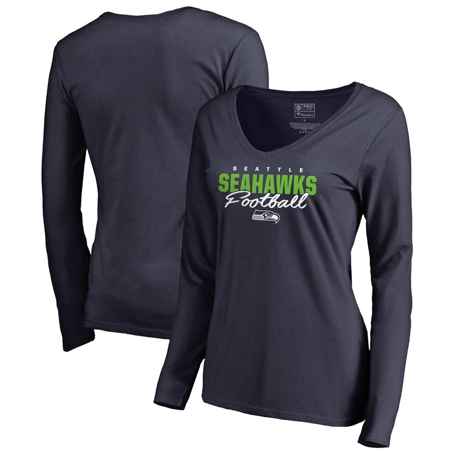 Seattle Seahawks NFL Pro Line by Fanatics Branded Women's Iconic Collection Script Assist Long Sleeve V-Neck T-Shirt - College Navy