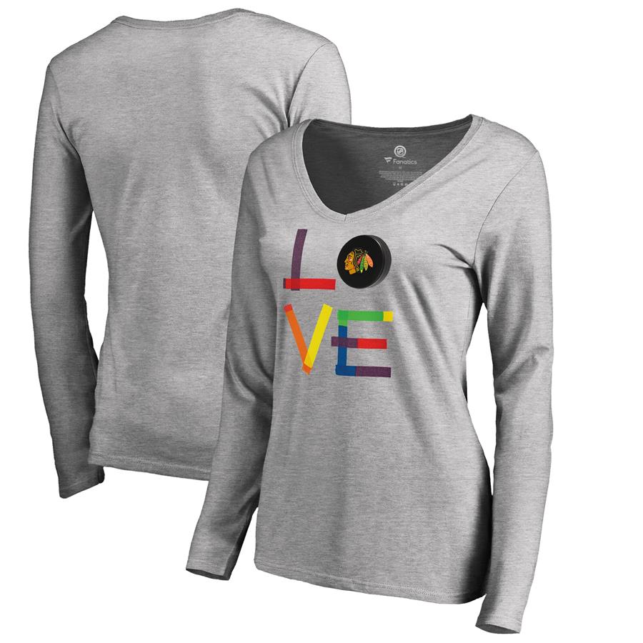 Chicago Blackhawks Fanatics Branded Women's Hockey Is For Everyone Love Square Long Sleeve V-Neck T-Shirt - Heather Gray